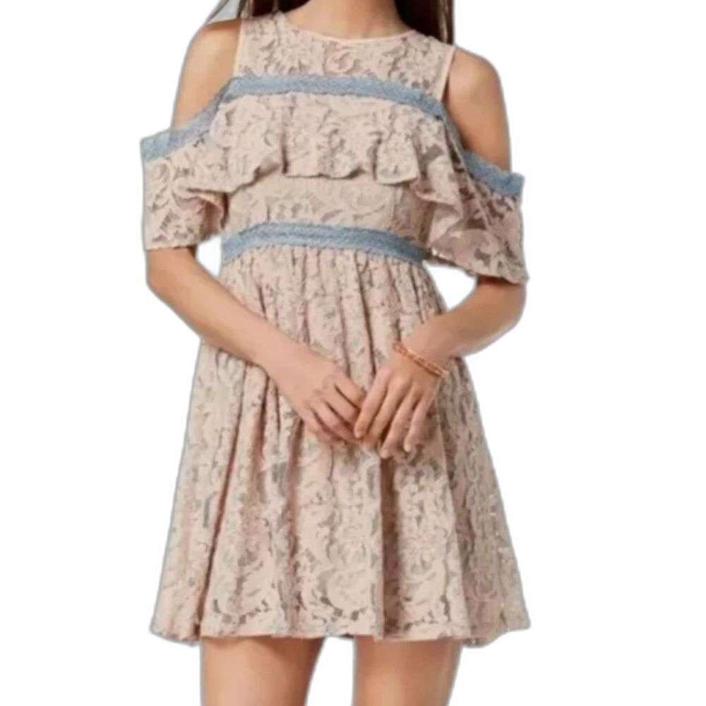 Foxiedox Anthropologie NWT Belinda Cream Blue Lace Cold Shoulder Mini Dress Sz S